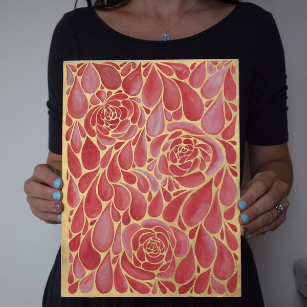 Original SHOWER OF ROSES, STAINED GLASS IN WATERCOLOR Rose Harrington