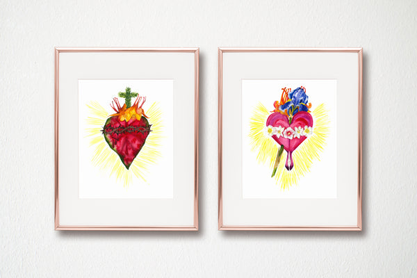 BOTANICAL SACRED HEART AND IMMACULATE HEART, set of two