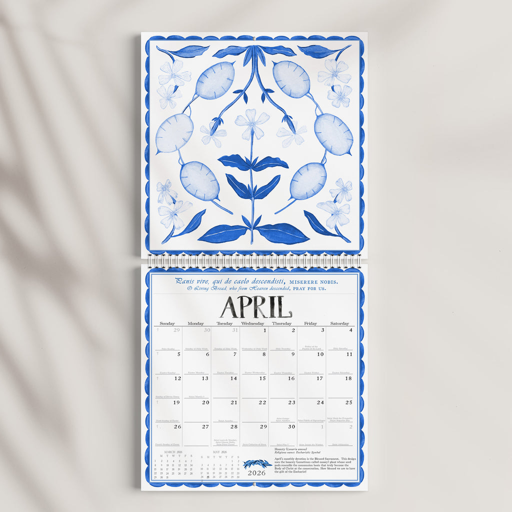 2026 WALL CALENDAR, FLOWERS AND DEVOTIONS, IN BLUE