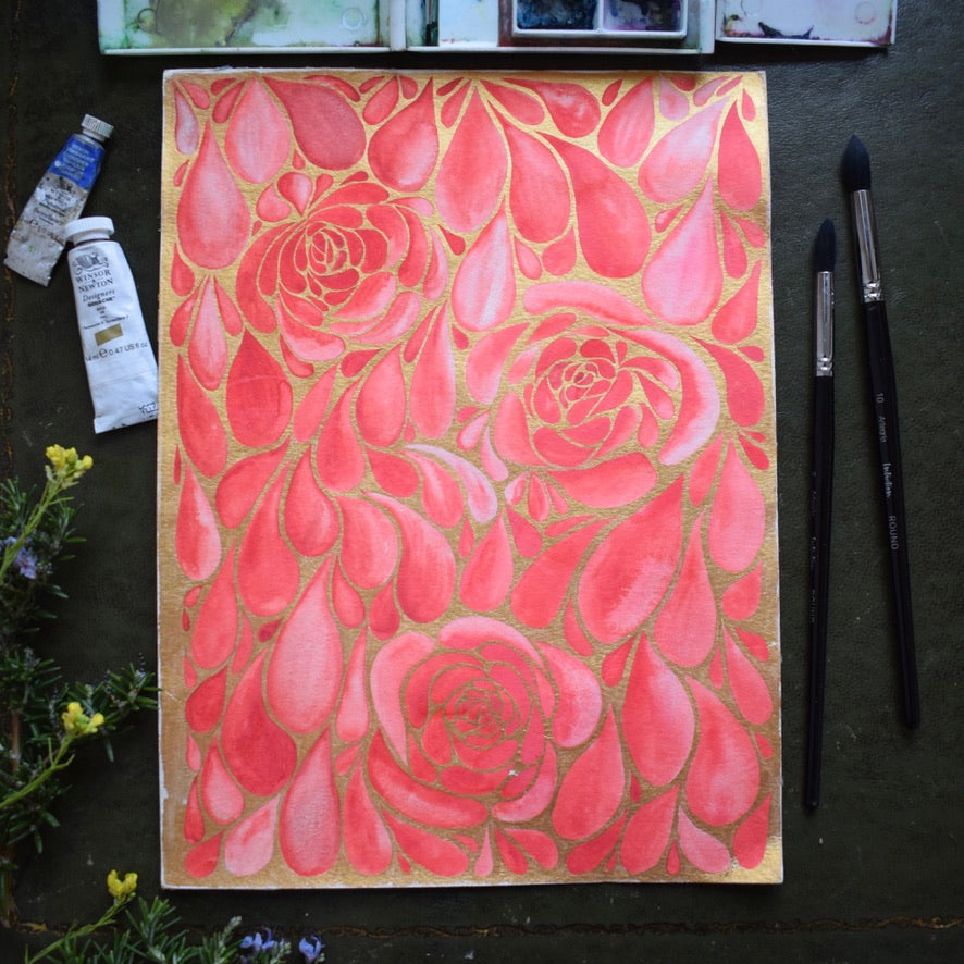 Original SHOWER OF ROSES, STAINED GLASS IN WATERCOLOR