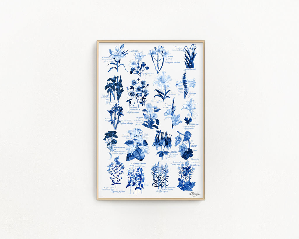 BOTANICAL ROSARY POSTER IN BLUE - COMPLETE